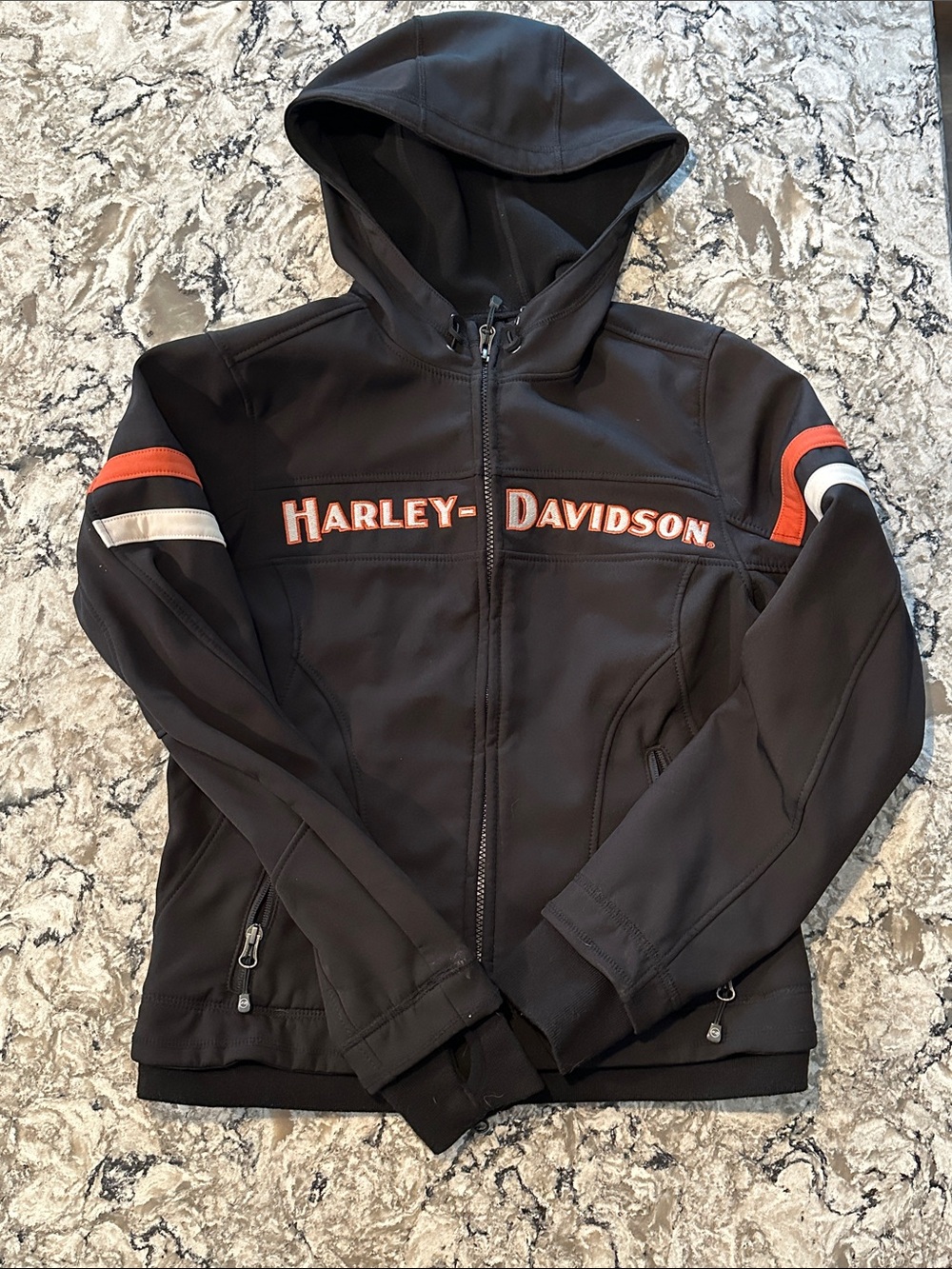 Harley-Davidson Black Hoodie Jacket with Orange & White Trim